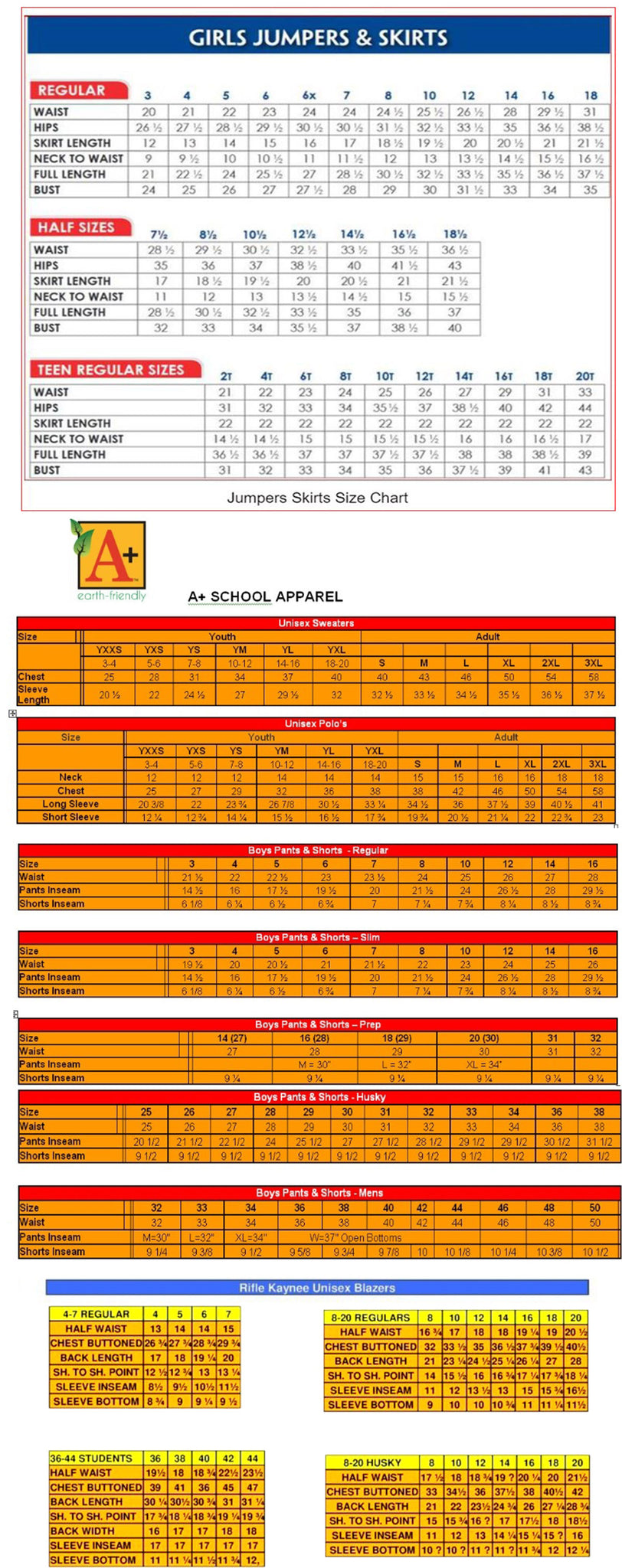 schooluniforms size chart usa