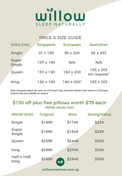 Willow Mattress Size and Price List