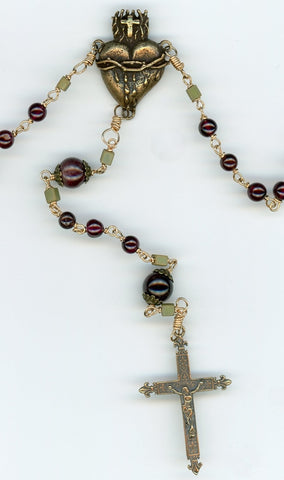Garnet and Bronze Rosary Closeup
