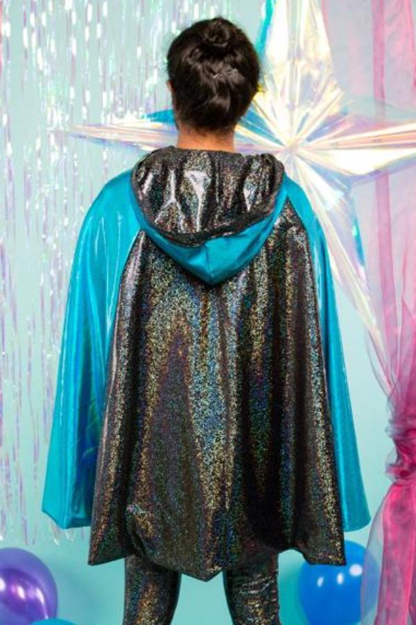 REVERSIBLE HOODED CAPE Holographic Black and Red  Halloween Festival Spandex Cloak