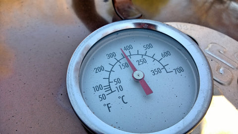 Grill temperature at around 350º F. I felt that going hotter than this was causing the turkey to brown a little too quickly.