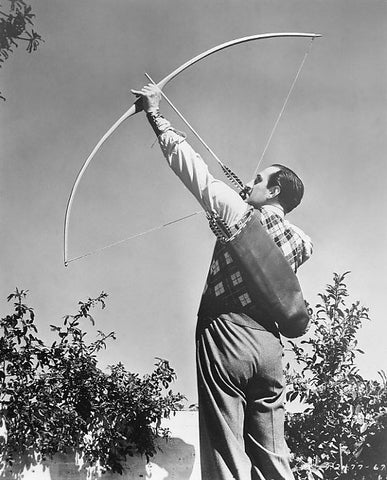 A longbow in full draw. Notice the “D” shaped limbs. When unbraced the bow would simply be straight.