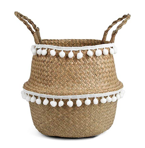 seagrass basket with pom poms
