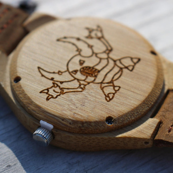 pokemon character engraved on wooden watch 