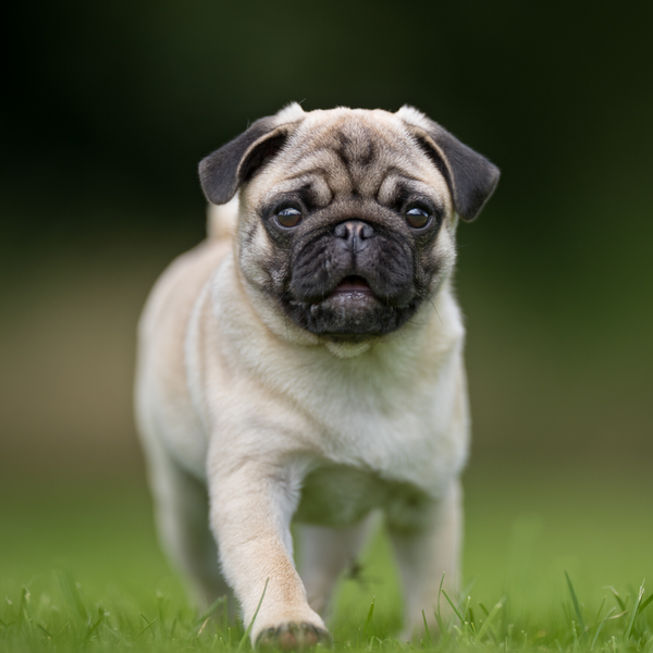 cute pug walking on grass