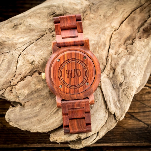 design 1 engraved on a wooden watch