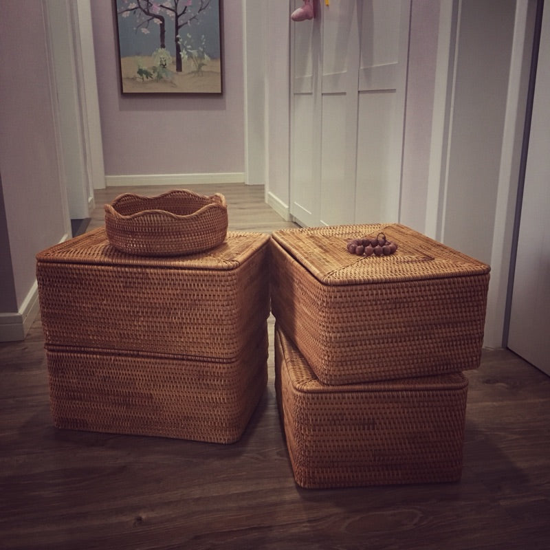 Rectangle Woven Basket with Lip, Vietnam Traditional Handmade Rattan Wicker Storage Basket