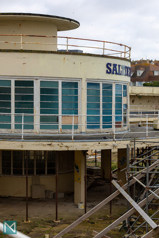 Exterior view of the rotunda at Saltdean Lido showing the construction work on the ground floor