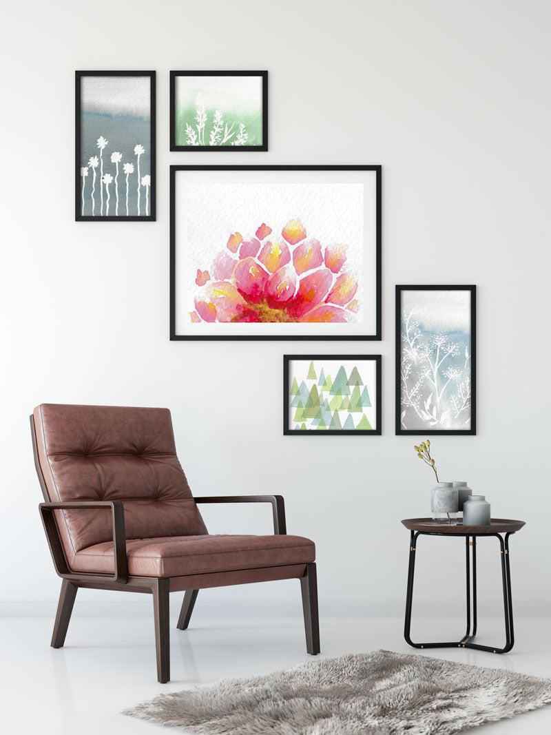 descending gallery wall, flower print, abstract prints