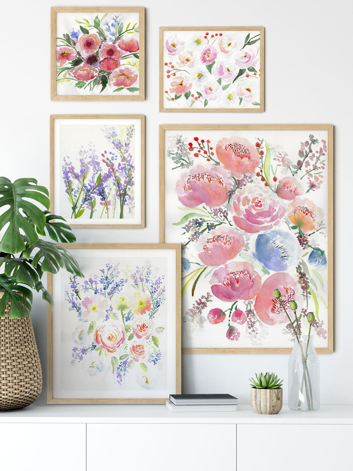 large watercolor flower wall art in gallery wall - flavia bernardes art