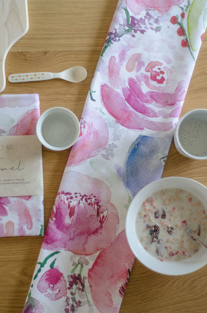 Watercolor flower tea towel Flavia Bernardes Art