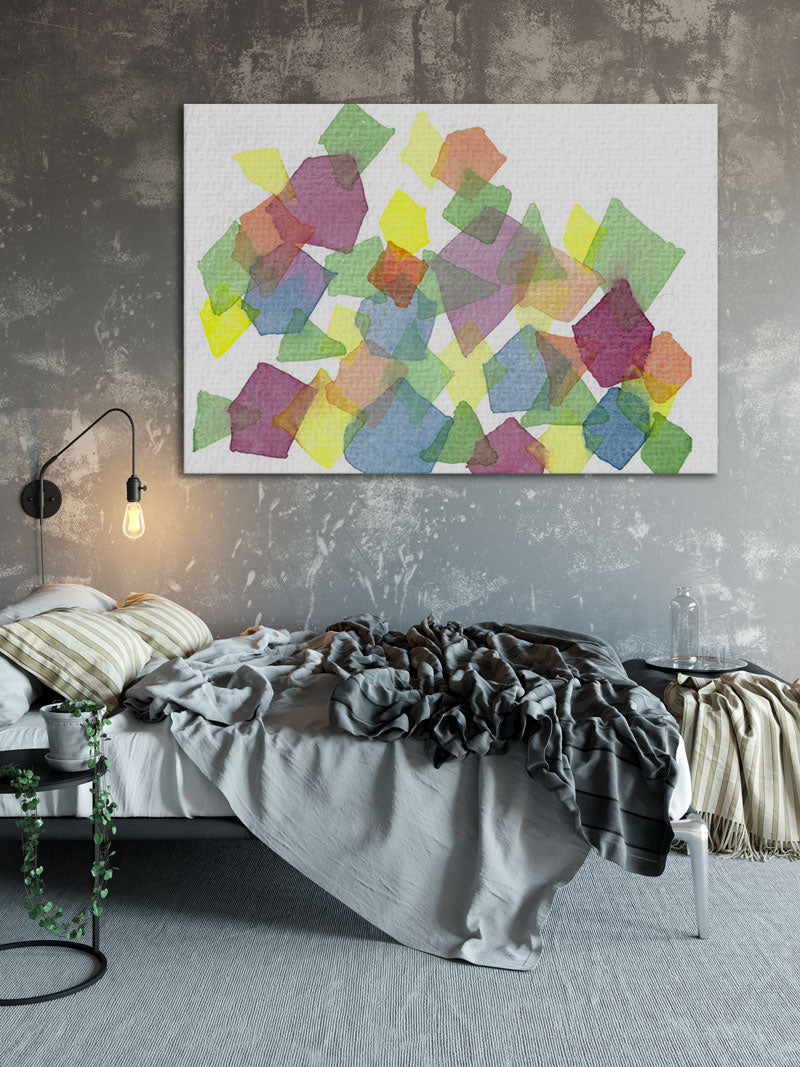 large geometric watercolor painting on bedroom wall - 7 ways art can improve your room decor
