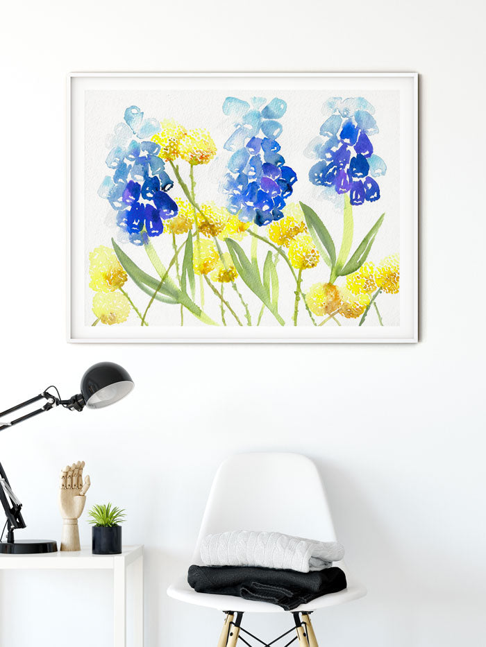 large watercolor muscari flower wall art - flavia bernardes art