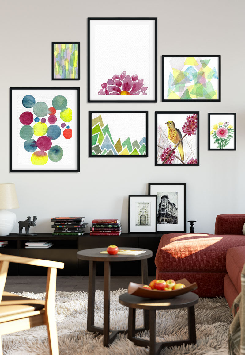 watercolor-prints-gallery-wall-in-living-room---flavia-bernardes-art