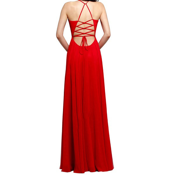 Prom dress with high dlit halter style and sleeveless