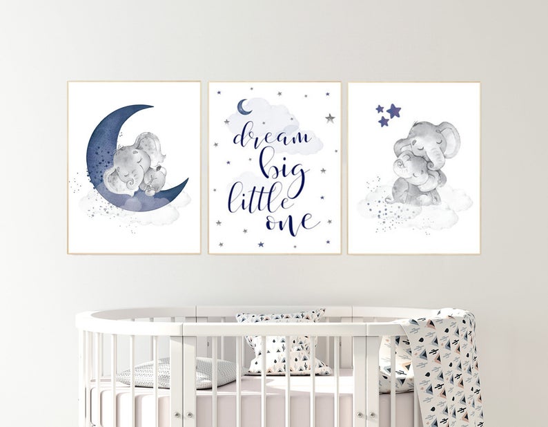 Dream Big Little One,Nursery Decor Girl Boy Navy Blue Nursery Print Wall Art 