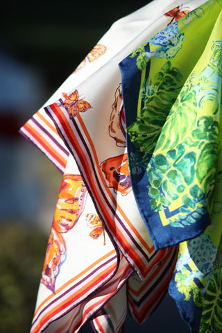 Butterfly with retro stripe border_multi-color_silk scarf_Grey Hall Design_The Knotty Scarf