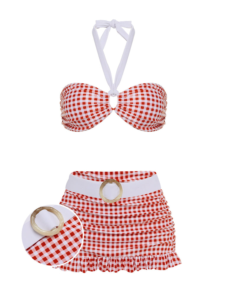 [US Warehouse] Retro Red 1940s Plaid Halter Bikini Set