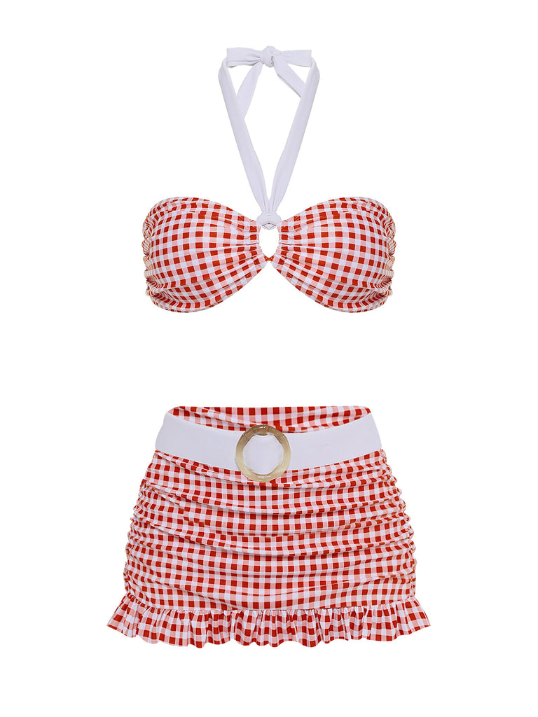 [US Warehouse] Retro Red 1940s Plaid Halter Bikini Set