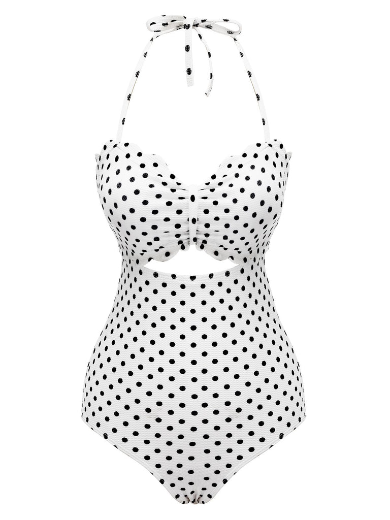 White 1940s Polka Dot Lace Up Halter Swimsuit