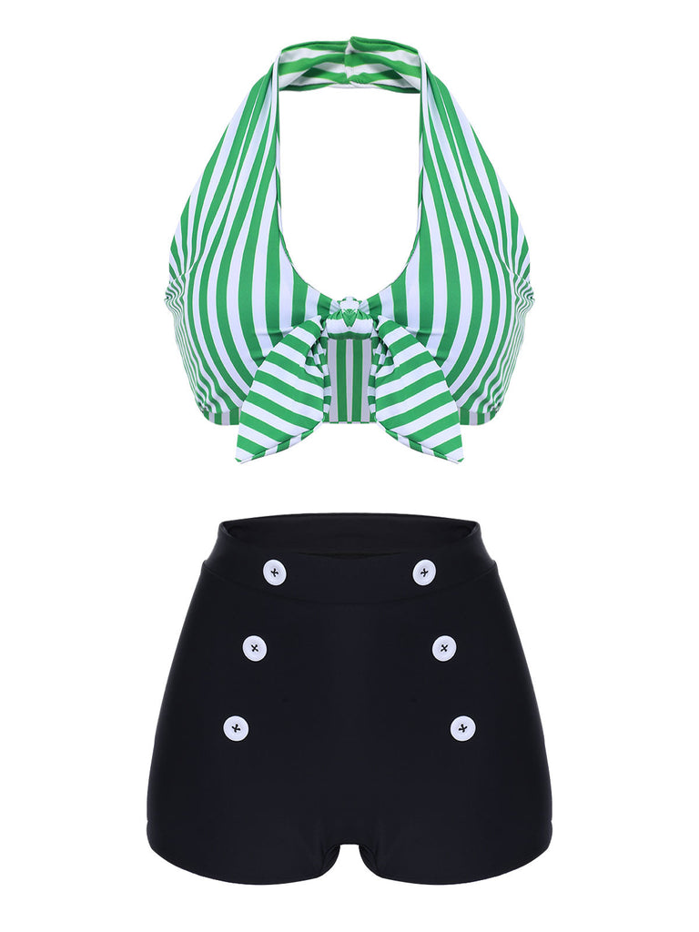 [Pre-sale] [Plus Size] Green 1950s Retro Halter Stripes Bikini Set