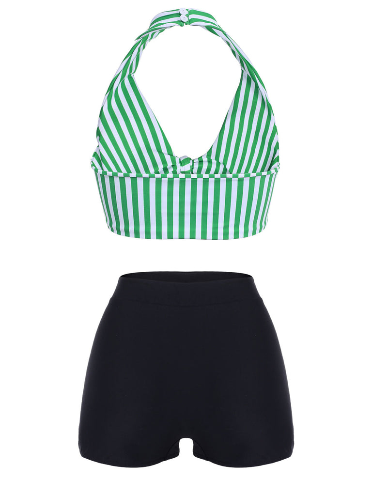 [Pre-sale] [Plus Size] Green 1950s Retro Halter Stripes Bikini Set