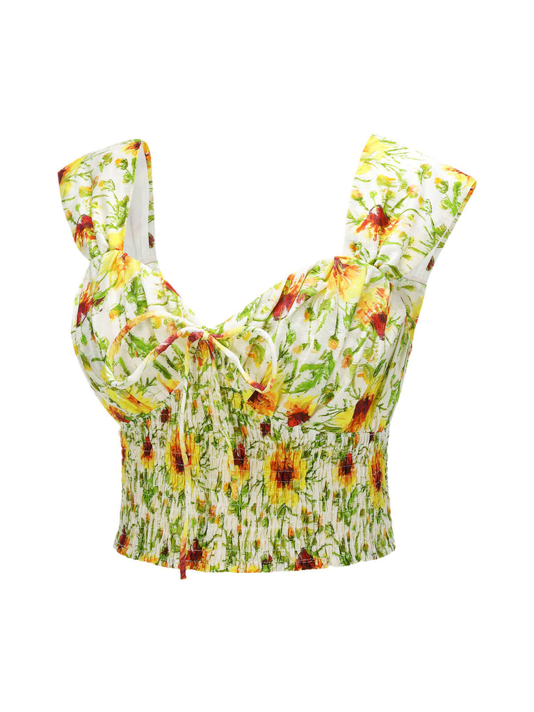 Yellow Sunflower Sweetheart Collar Crop Top