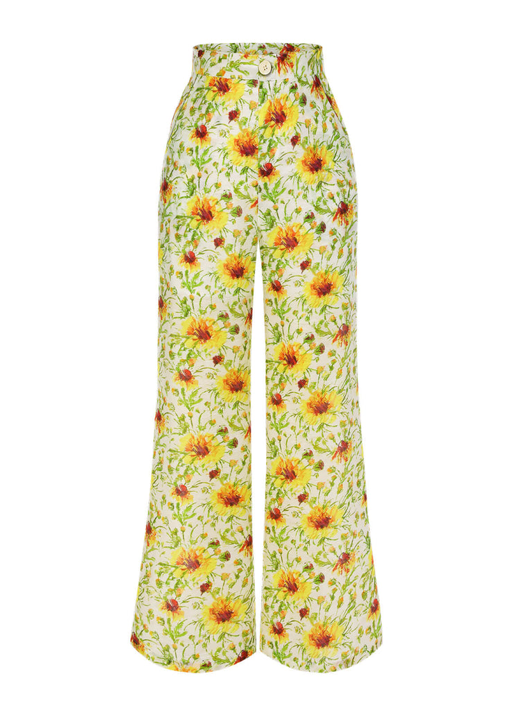 Yellow 1950s Sunflower Jacquard Pants