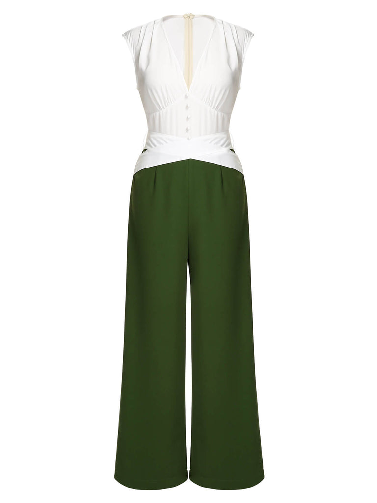[Pre-Sale] White & Dark Green 1930s Back Bow Jumpsuit
