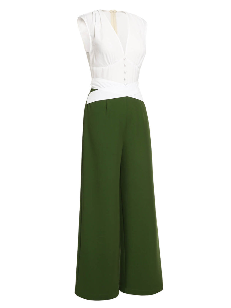 [Pre-Sale] White & Dark Green 1930s Back Bow Jumpsuit