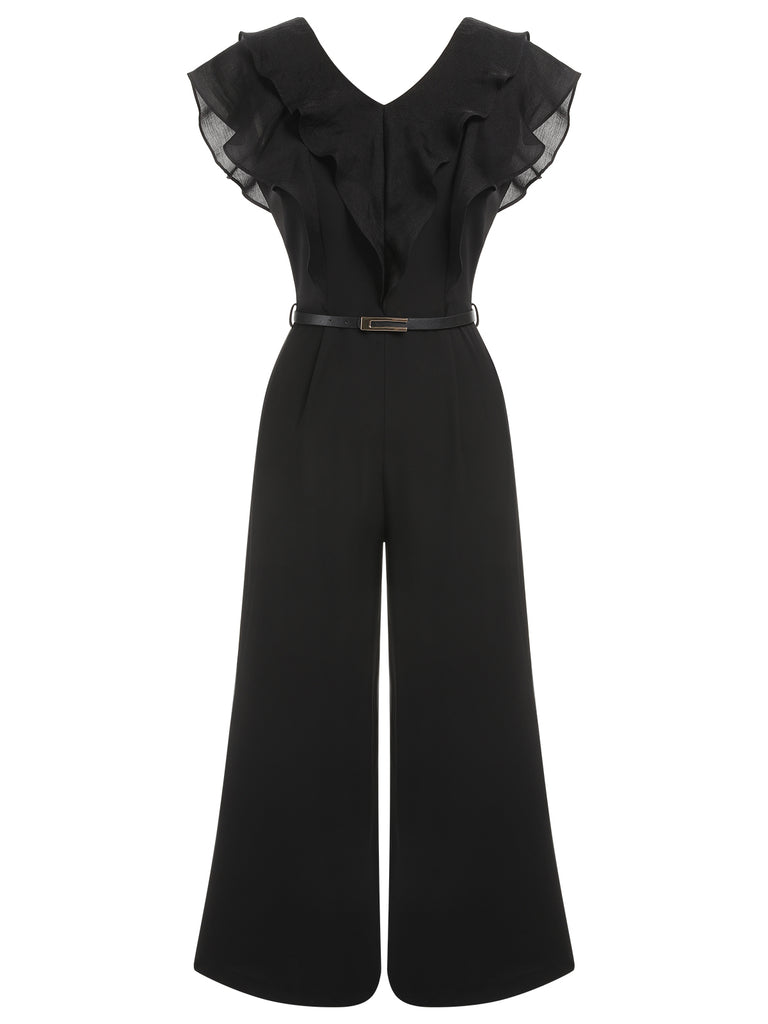 Black 1930s Muslin Patchwork Belted Jumpsuit