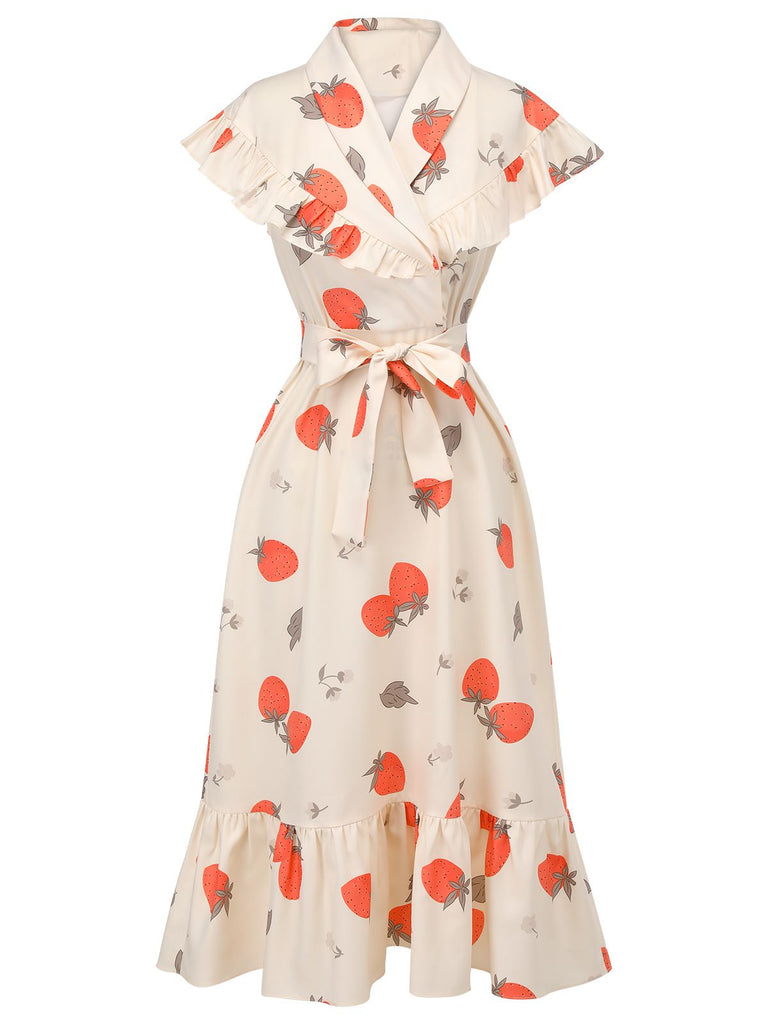 [Pre-sale] White 1940s Strawberry Ruffle Wrap Dress