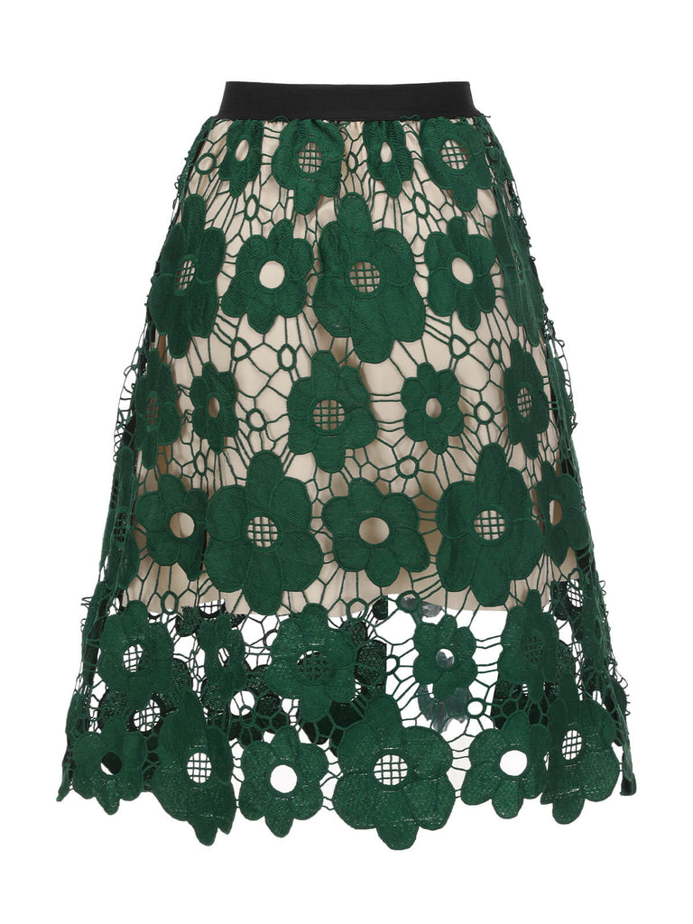 1950s Floral Hollowed-out A-Line Skirt