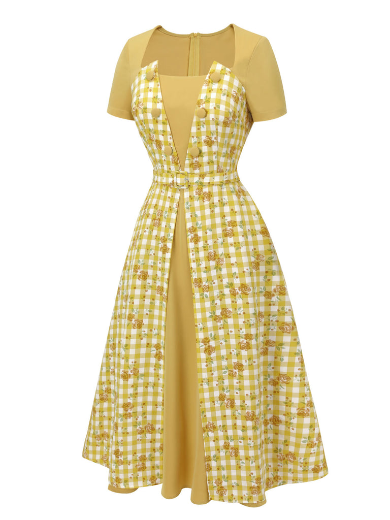 [Pre-Sale] Yellow 1950s Plaid Rose Panel Raglan Dress