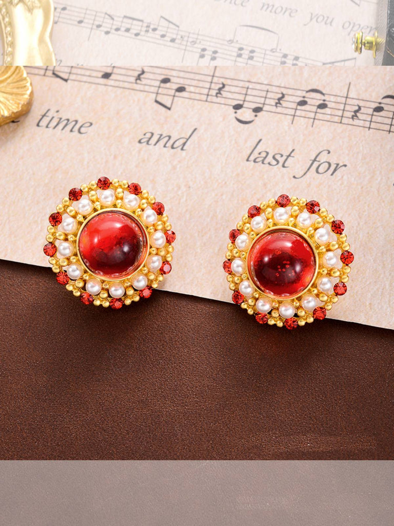 Vintage Ruby Round Diamond Surround Earrings
