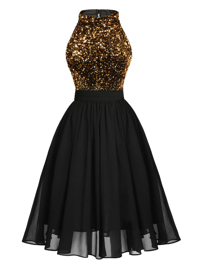 [US Warehouse] Black 1950s Gold Glitter Patchwork Dress