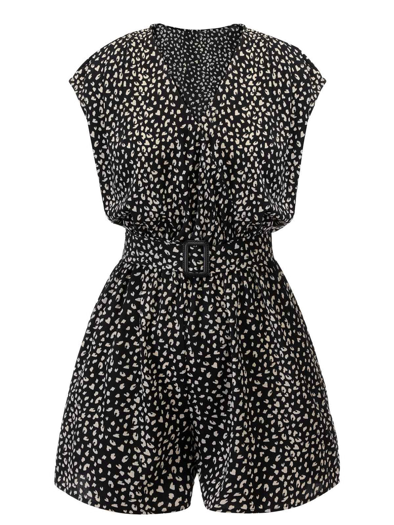 Black 1950s Printed V-Neck Belted Romper