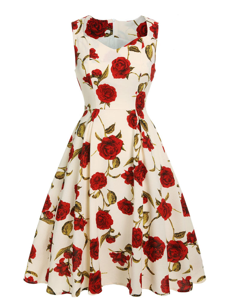 1950s Floral Sleeveless Heart Collar Dress