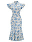 Blue 1930s Ruffles Floral Fishtail Dress