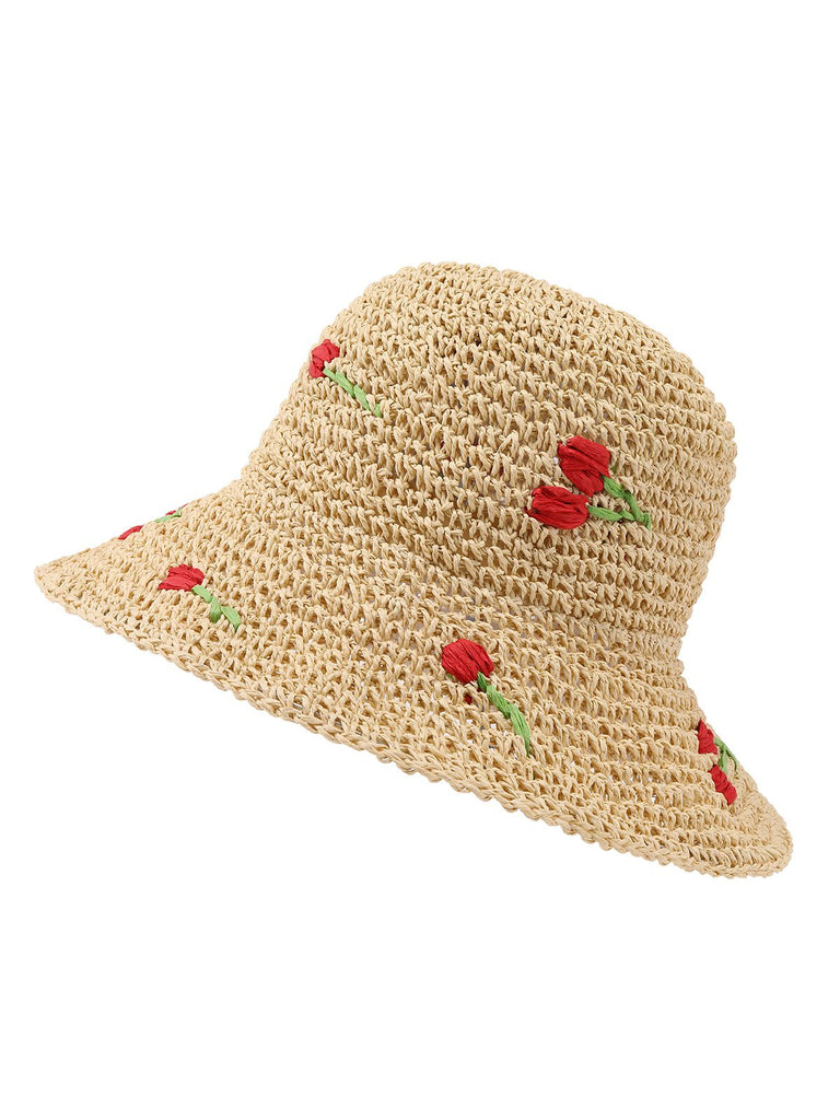 Beige Retro Rose Straw Sun Hat