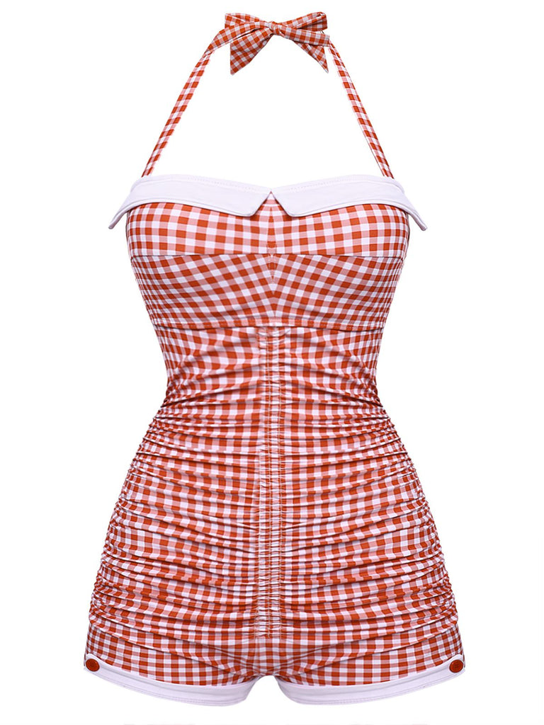 [Pre-sale] [Plus Size] Checked 1950s Halter Bowknot One-piece Swimsuit