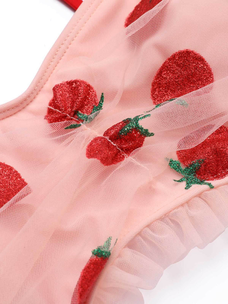 [Plus Size] 1950s Lace Strawberry Cami Tankini Set