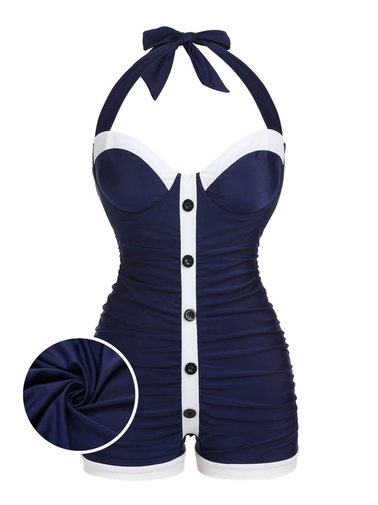 [Pre-sale] [Plus Size] Navy Blue 1950s Pleated Halter Swimsuit