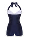 [Pre-sale] [Plus Size] Navy Blue 1950s Pleated Halter Swimsuit