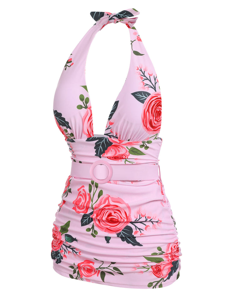 [Pre-sale] [Plus Size] Pink 1930s Roses Halter Belt Swimsuit