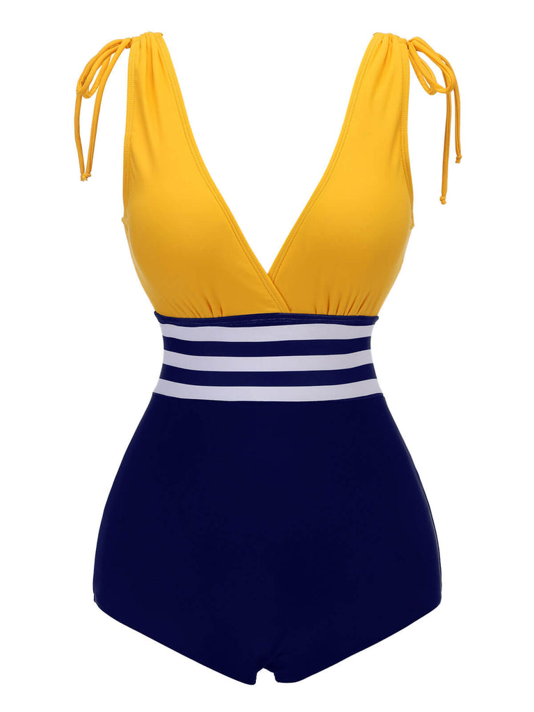 [Pre-Sale] Yellow & Blue 1950s Striped Lace-Up Swimsuit