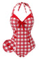 [Pre-Sale] Red 1950s Plaids Added Bowknot Swimsuit
