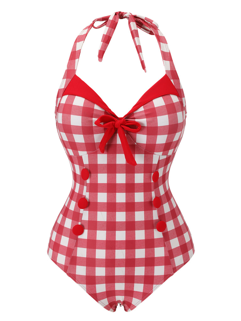 [Pre-Sale] Red 1950s Plaids Added Bowknot Swimsuit