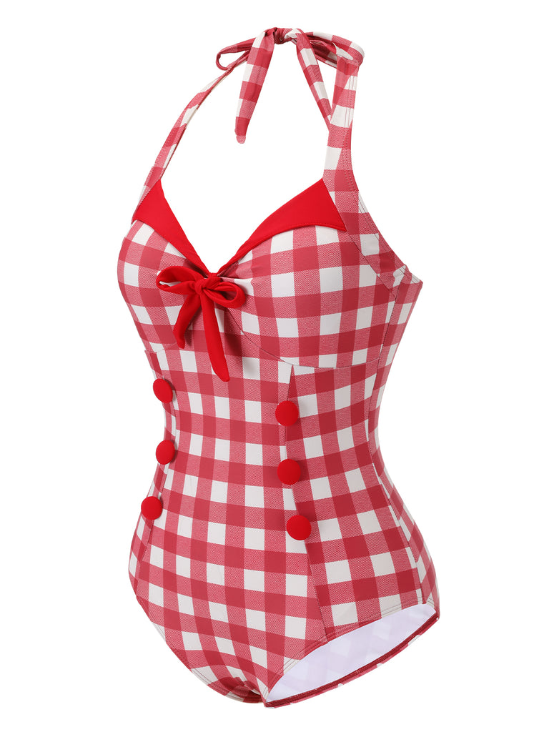 [Pre-Sale] Red 1950s Plaids Added Bowknot Swimsuit