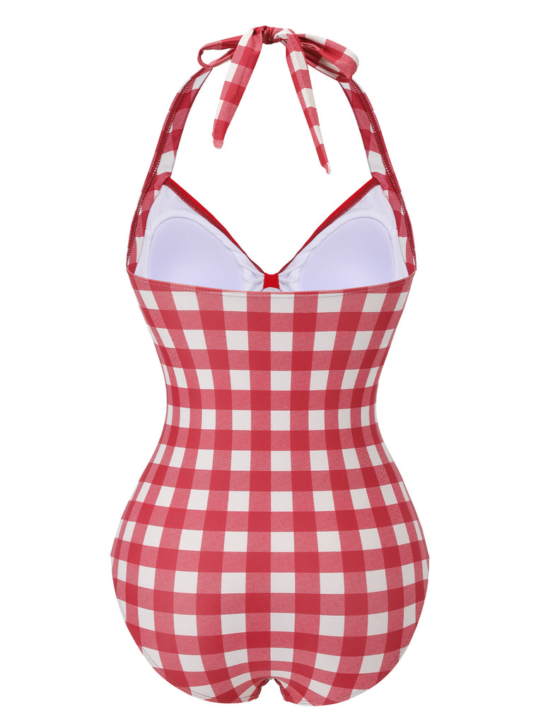 [Pre-Sale] Red 1950s Plaids Added Bowknot Swimsuit